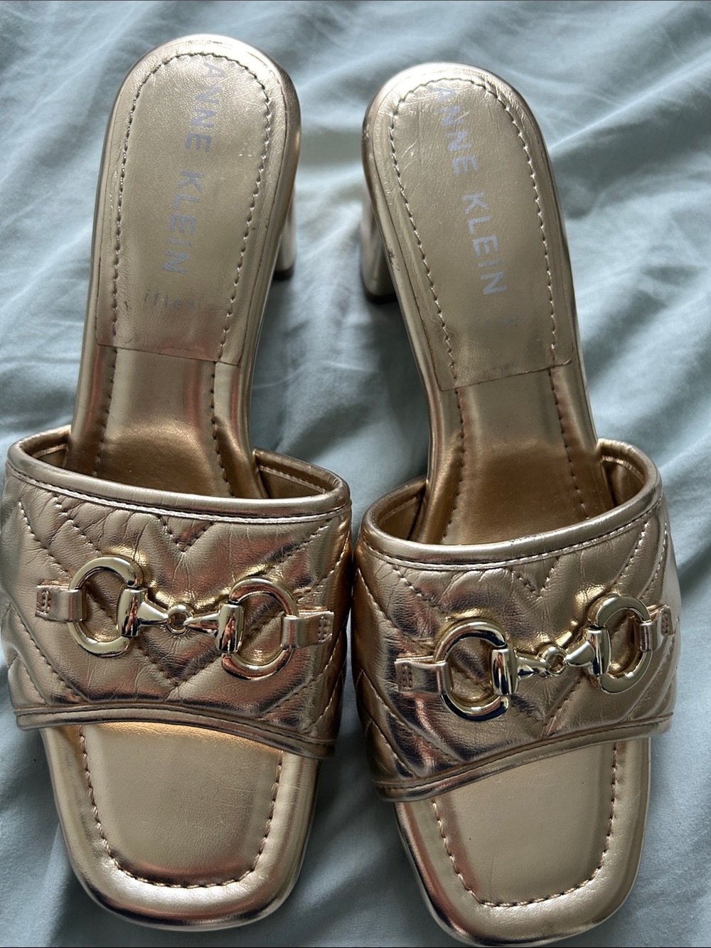 Anne Klein Metallic Rose Gold Quilted Slip-On Mules